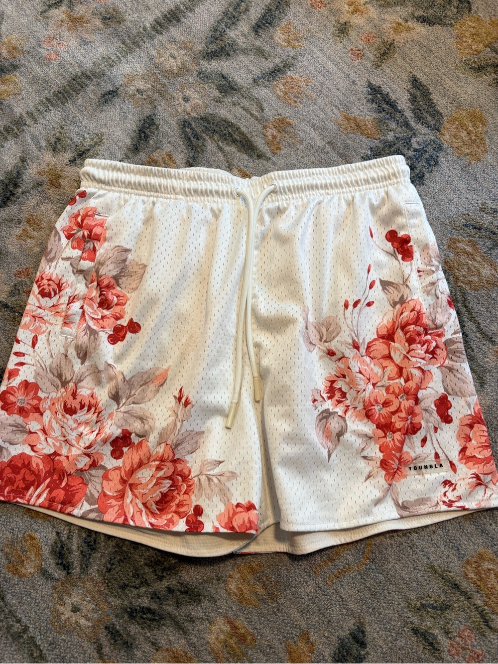 YoungLA Reversible Shorts Mens Size XL Gym Mesh Cream White Floral Pockets
